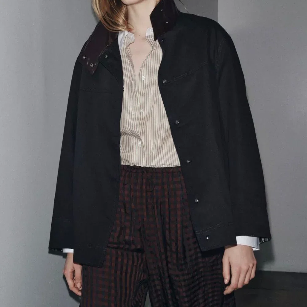 ZARA ZW Collection Contrast Collar Jacket – Black/Brown | EU Chic | New (No Tags - Picture 2 of 7